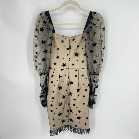 Chicida Puff Long Sleeve Mesh Patchwork Fringed Bandage Dress stars - Picture 3 of 8